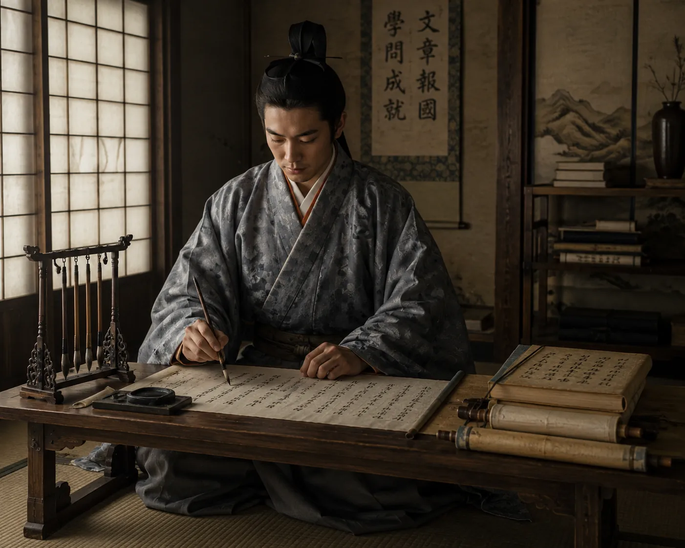 Young Sugawara no Michizane studying classical Chinese texts